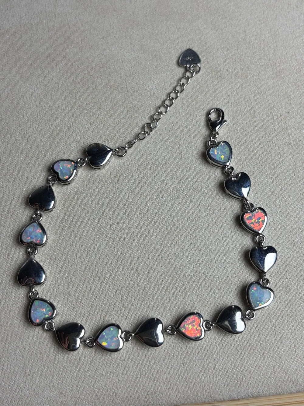Silver Heart Opal Link Bracelet - Iridescent Pink & Blue